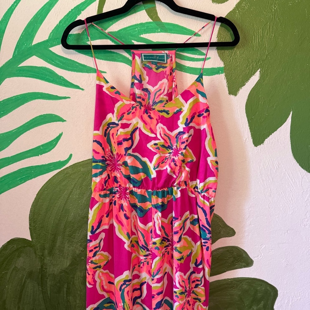 Bright Neon Pink Floral Maxi One-Piece Dress with Slit - Picture 6 of 7